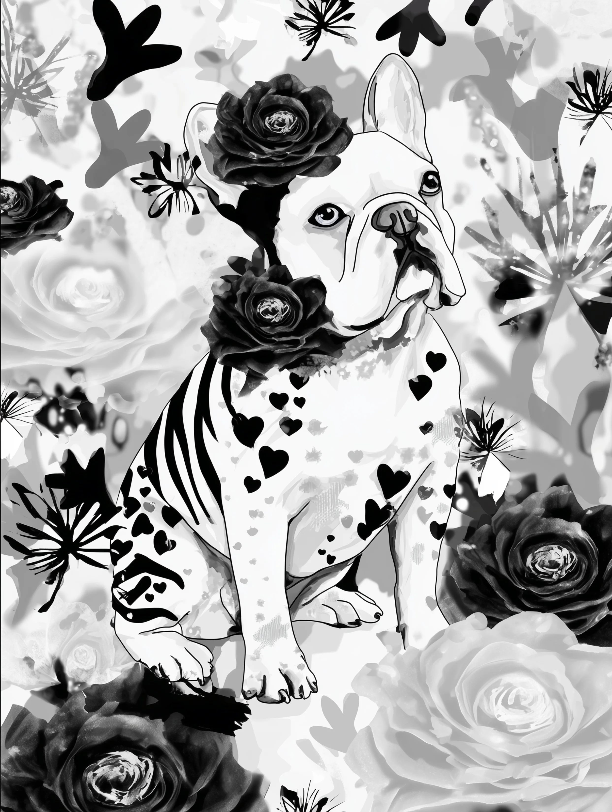 Free printable french bulldog coloring page featuring a white french bulldog with stripes and hearts